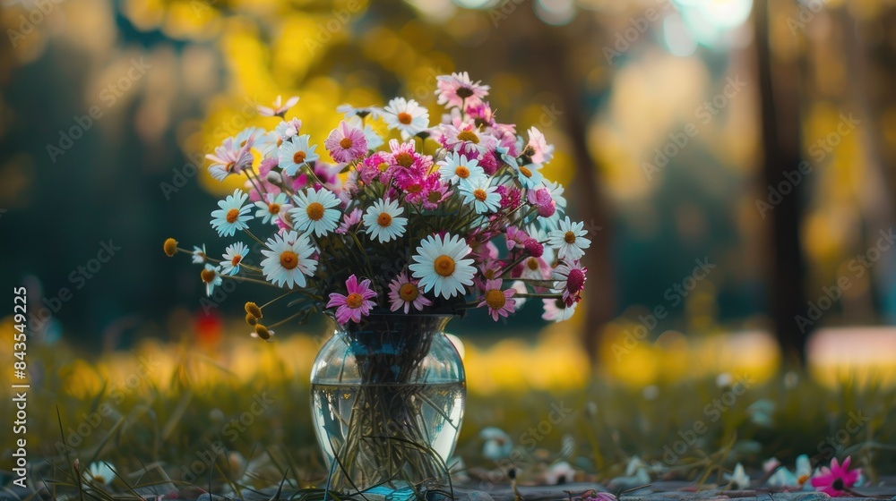 Poster a vase with beautiful daisies. selective focus