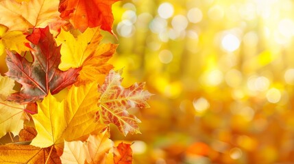 Fototapeta premium Close-up of golden autumn leaves illuminated by warm sunlight, creating a vibrant and cozy atmosphere. Perfect for fall and nature-themed designs