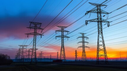 Fototapeta premium High-voltage power lines silhouetted against a vibrant sunset sky, highlighting the interplay between technology and natural beauty. Blackout and power outage.