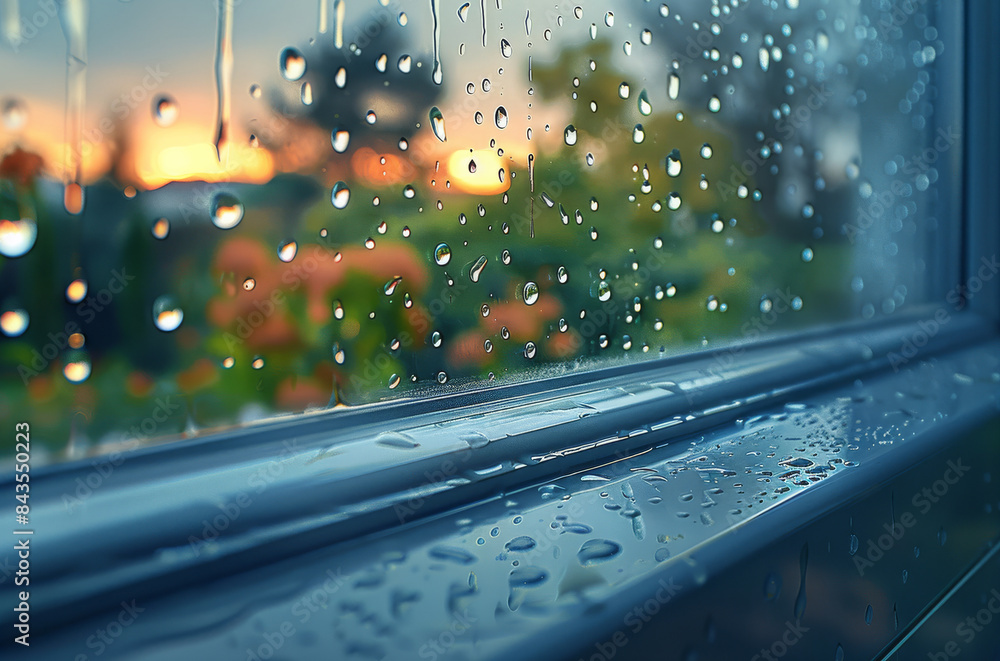 Poster raining, raindrops hitting the window, outside during the day. generative ai.