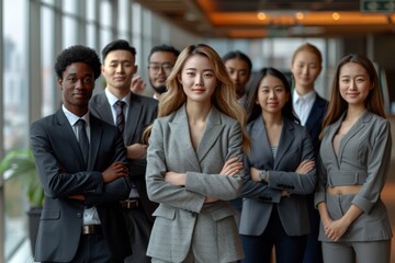 Obraz premium Business and finance concepts. Team of Asian employees with female leader as well as black employees stand in beautiful expensive office and look at camera. Young professionals in suits office workers