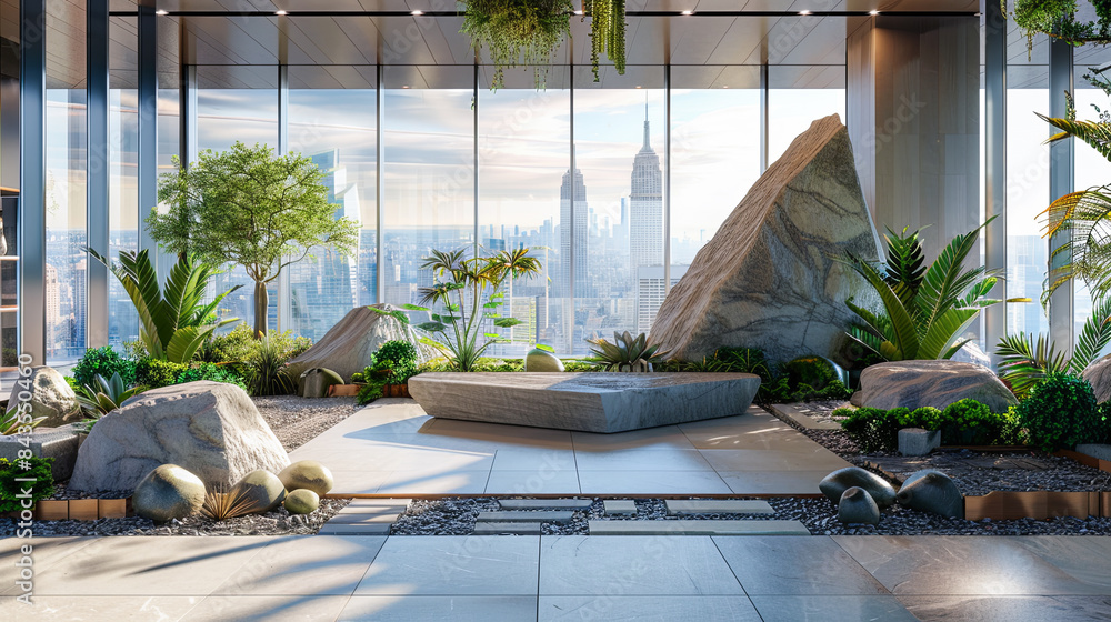 Poster 3d rendering of the lobby of a modern hotel with a panoramic view