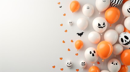 Orange and white Halloween-themed balloons with bat and pumpkin decorations, isolated on white. Festive and fun holiday celebration concept.