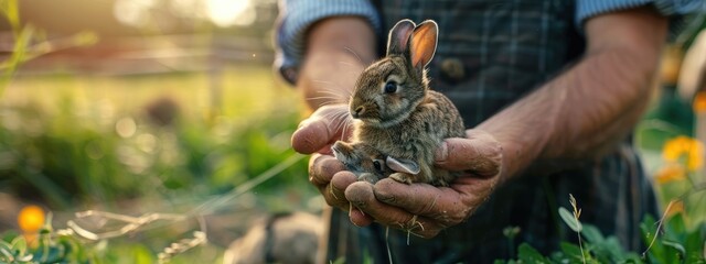 Obraz premium the farmer holds a small rabbit in his hands. Selective focus