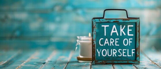 Inspirational Sign with "Take Care of Yourself" Message on Rustic Blue Background with Candle - Motivational Home Decor and Self-Care Reminder
