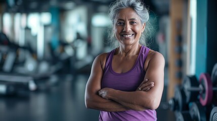 Fototapeta premium Middle-Aged Bangladeshi Female Fitness Trainer at Gym Smiling, Teaching Strength Training, Design for Posters, Fitness Campaigns