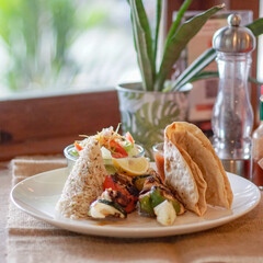 Kebab with rice, paratha or chapati and vegetable salad on a white plate