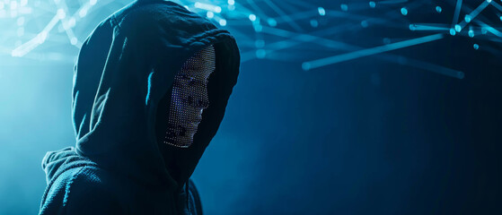 A hooded figure with a pixelated mask faces an ominous, digital landscape, evoking themes of cybersecurity and anonymity.