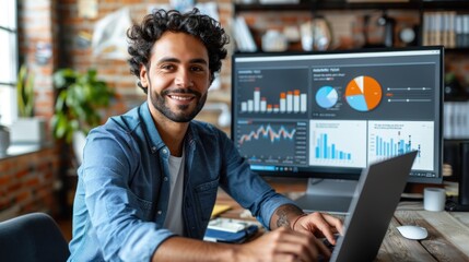 A businessman works on his laptop, with data analysis charts on the desktop computer in front of him