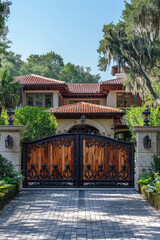 Obraz premium Wood and iron combination driveway gate and fence in front of a stucco private house. 