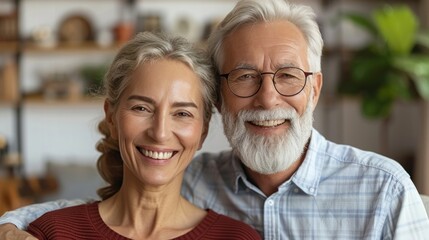 A smiling senior couple poses for a photo at home