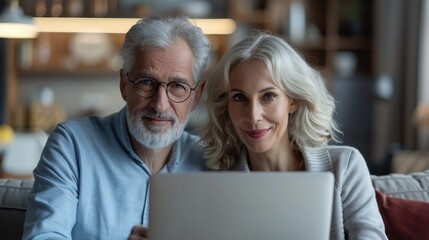 Fototapeta premium Elderly couple smiling at laptop