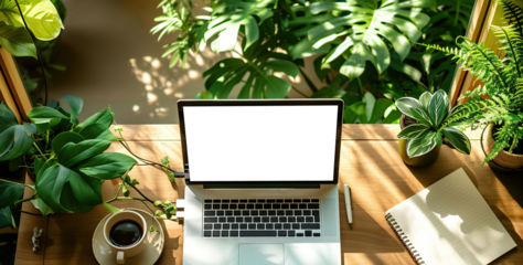 A laptop computer on top of a wooden table next to a window with a plant on it's screen and a window behind. High quality photo. Mockup, PNG
