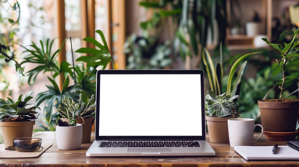 A laptop computer on top of a wooden table next to a window with a plant on it's screen and a window behind. High quality photo. Mockup, PNG