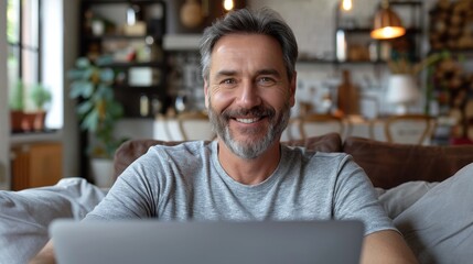Fototapeta premium A man sits on a couch in his living room using a laptop