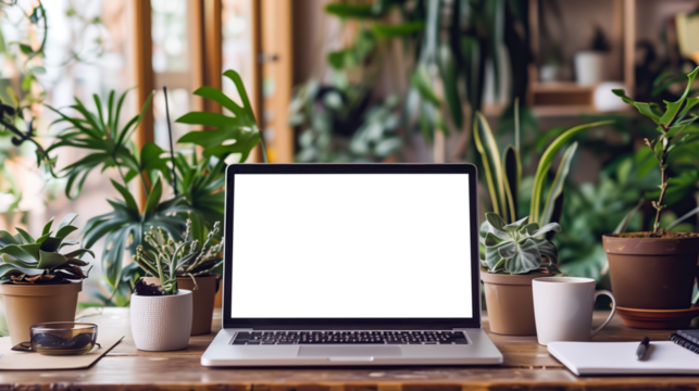A laptop computer on top of a wooden table next to a window with a plant on it's screen and a window behind. High quality photo. Mockup, PNG