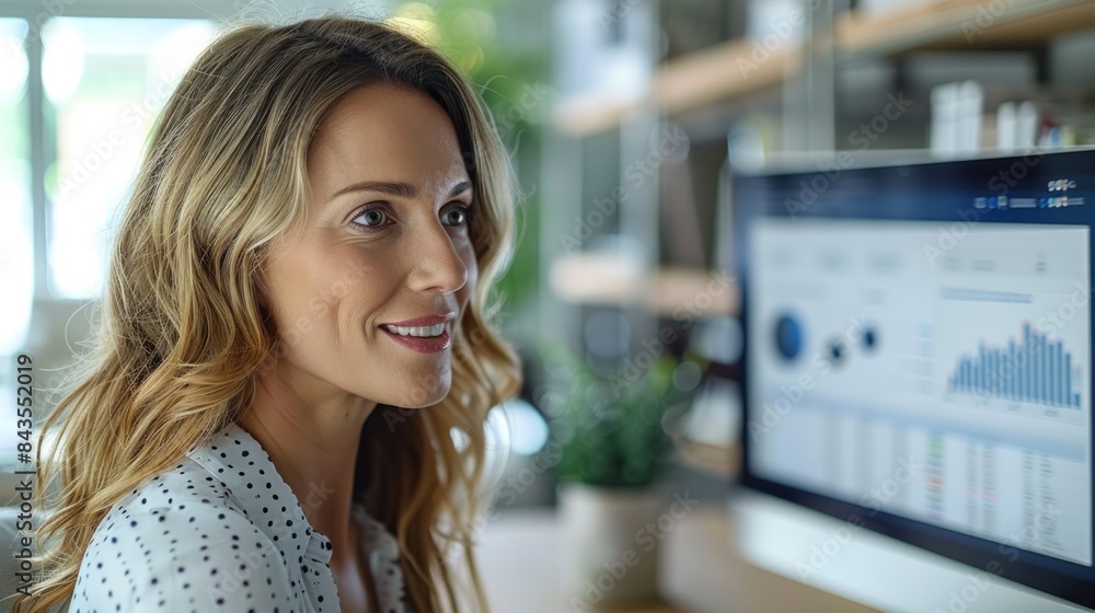 Poster woman reviewing graphs and data on a computer screen