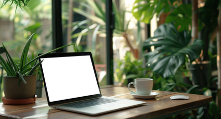Wooden table with laptop transparent screen and a cup of coffee, complemented by a vibrant potted plant blurred background. High quality photo. Mockup, PNG