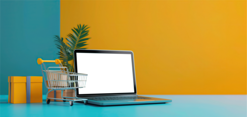 A bright yellow PNG mockup featuring a laptop on a desk with space for text, showcasing online shopping elements like boxes, a shopping cart, and a keyboard, ideal for e-business and retail concepts.