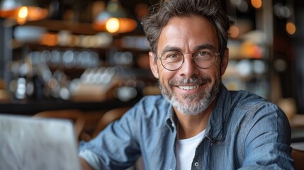 A man with glasses smiles in a cafe setting
