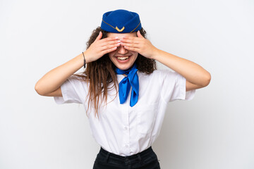 Airplane stewardess Arab woman isolated on white background covering eyes by hands