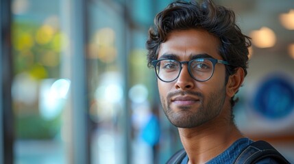 A close-up portrait of a young man wearing glasses, looking off camera