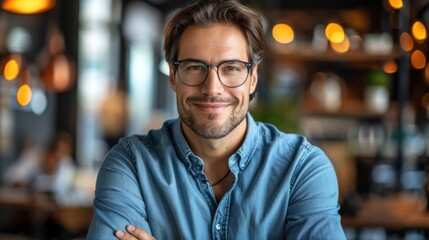 Fototapeta premium A man with a warm smile and glasses looks directly at the camera