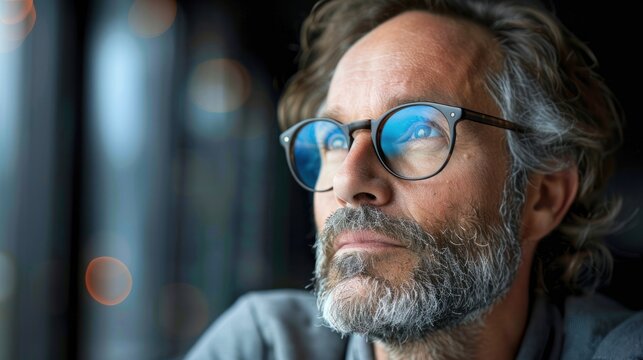 Close-up portrait of a man looking out a window, wearing glasses