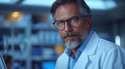 Fototapeta premium A male scientist in a lab coat looks intently at the camera