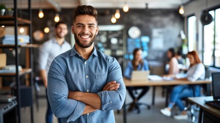 Obraz premium A smiling young man with arms crossed stands confidently in a modern office setting
