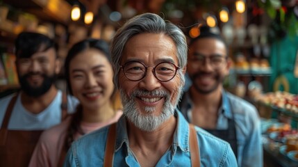 Fototapeta premium A group of friends smiles for the camera in a bustling restaurant