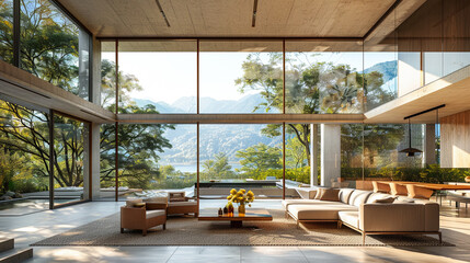 Fototapeta premium interior of modern villa, living room view from terrace