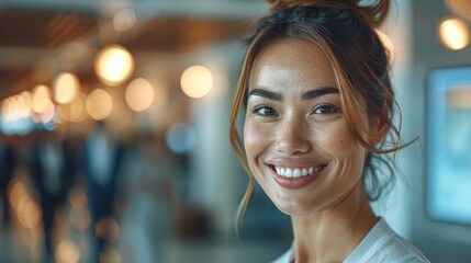 Obraz premium A woman smiles warmly in a close-up portrait