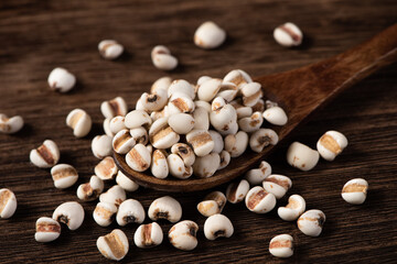 closed up of Job's tears in wooden spoon.