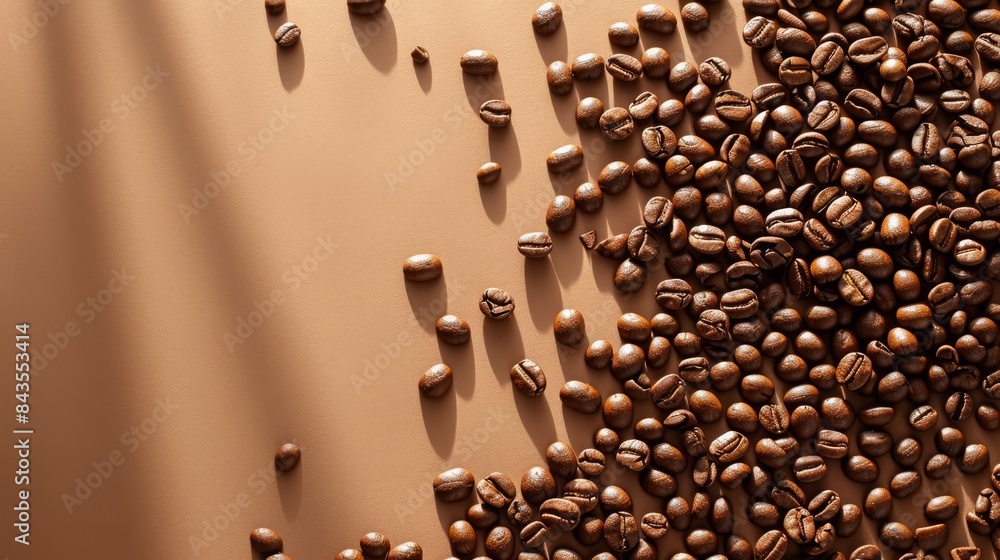 Aufkleber coffee beans are scattered on a brown background in a circular pattern, creating light and shadow ef
