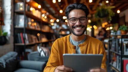 A young man in a cafe smiles while using a tablet