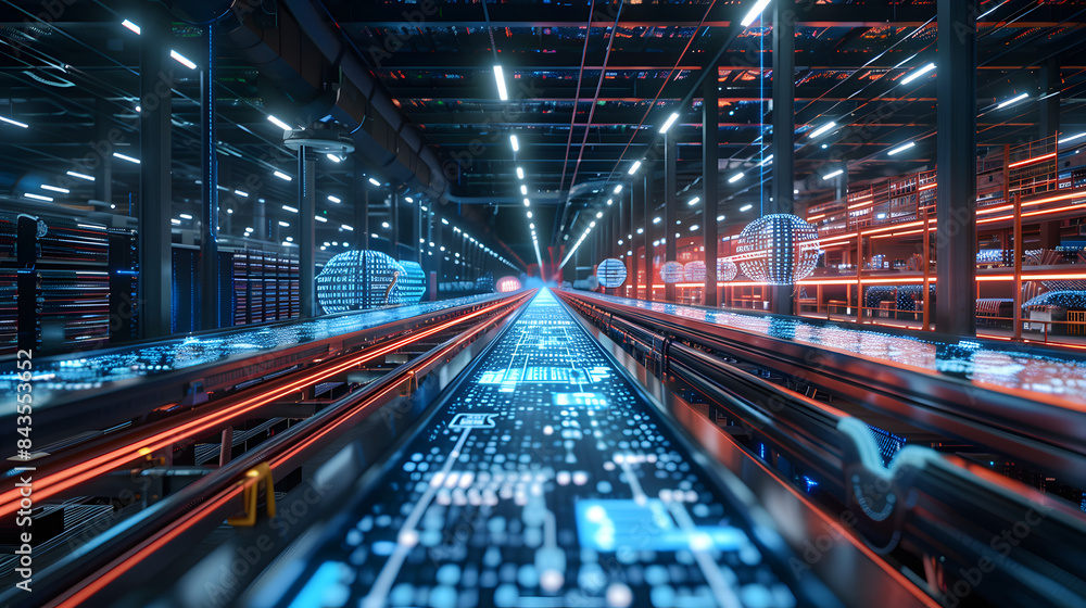 Poster 3d rendering of a digitalized smart warehouse with a glowing digital data stream on a conveyor belt