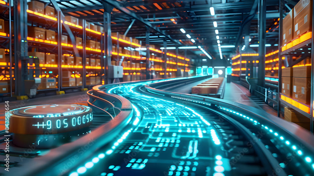 Poster 3d rendering of a digitalized smart warehouse with a glowing digital data stream on a conveyor belt
