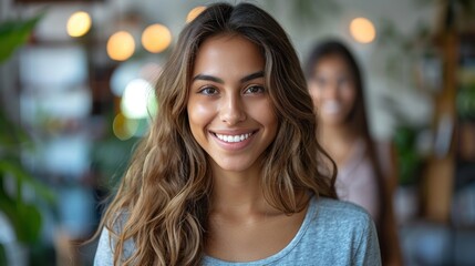 Obraz premium A young woman with long brown hair smiles broadly in a cafe setting