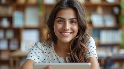 A young woman with long brown hair smiles as she uses a tablet while sitting in a library