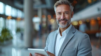 A mature man in a suit uses a tablet while smiling in a modern office setting