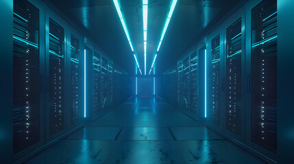 Fototapeta premium 3D rendering of a futuristic data center with glowing blue lights and rows of server cabinets in a dark room. A concept for large computer clusters or an upgrade 