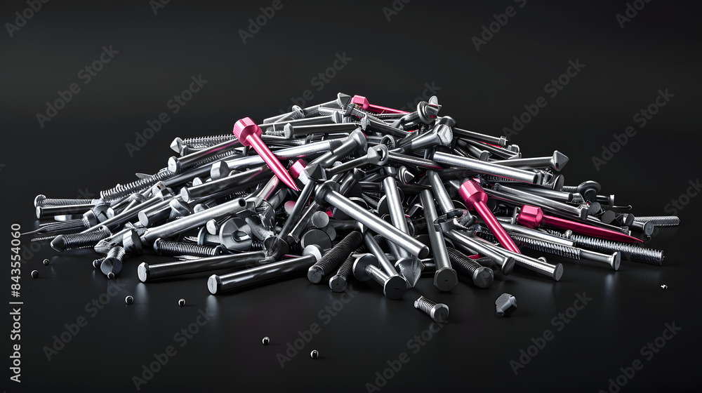 Poster 3d rendering of a pile of nails and bolts in various shapes. sizes and colors with some pink accents