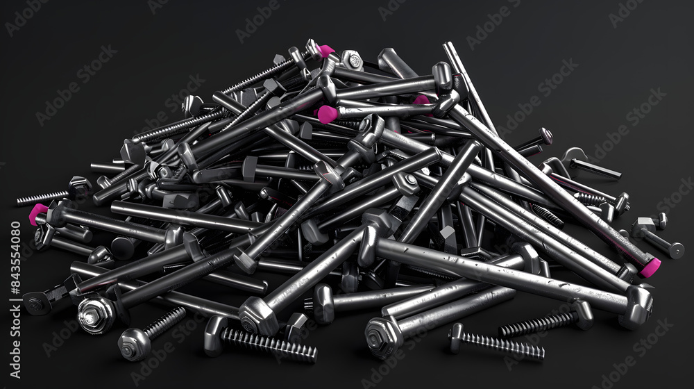 Poster 3d rendering of a pile of nails and bolts in various shapes. sizes and colors with some pink accents