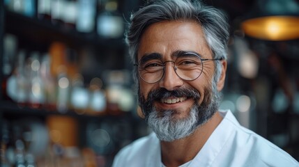 Fototapeta premium A man in his 50s smiles for the camera in a restaurant