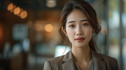 Obraz premium A young woman with long dark hair is wearing a brown blazer and looking directly at the camera in an office setting