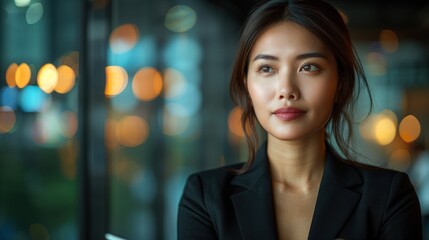 Fototapeta premium A woman in a suit looks out a window at city lights