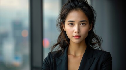 Fototapeta premium A young woman with long dark hair looks directly at the camera while wearing a black blazer