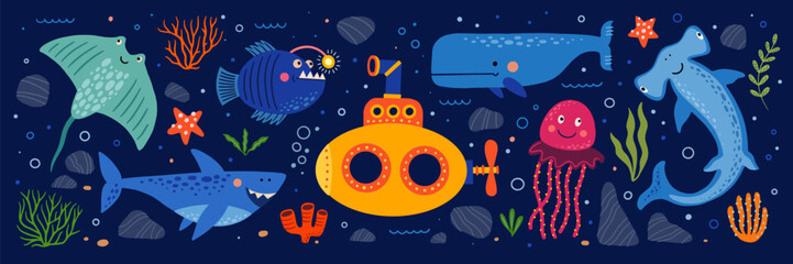 Shark, stingray, jellyfish, bathyscaphe, whale, predatory fish. Sea animals. Funny inhabitants of the ocean or sea reef. Children's vector illustration of the seabed. © KOSIM