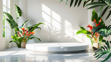Minimal scene with white podium and tropical plants. 3D rendering